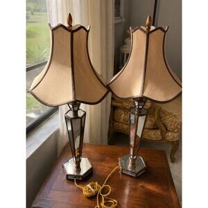 Pair Hollywood Regency Mirrored Brass Table Lamps Pagoda Shades Vintage good Con